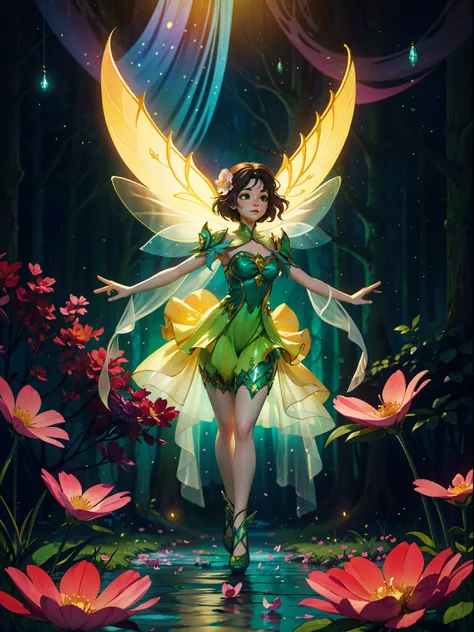 "Enchanting flower fairy dancing in a mystical forest, vibrant colors and delicate details, creating an ethereal atmosphere. Combine elements of fantasy and nature, with graceful movements and glowing wings. Surround the fairy with blooming flowers, shimme...