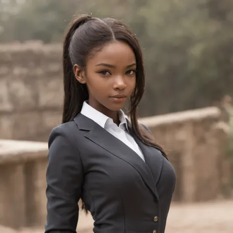 best quality, high detail, (detailed face), detailed eyes,((best quality, masterpiece)), ((2 caramel skinned African girl)), school uniform, large butt, (arms at side:1.2), groin,big hip bones, ponytail, black hair, (((underboob))), standing, outdoors, loo...