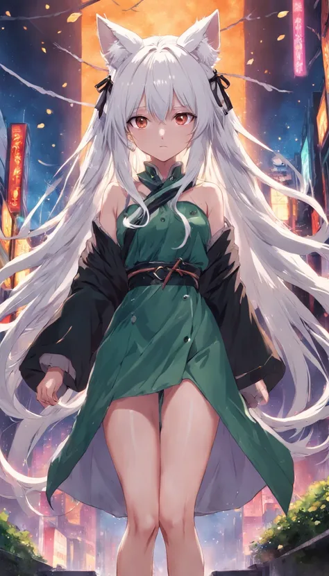 Animal ears, leg rings, white hair, long hair, green eyes, jk