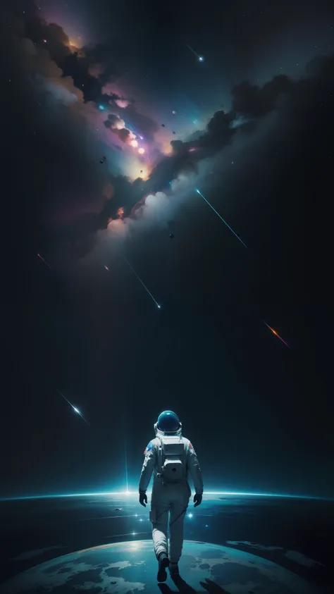 a painting of an astronaut walking through space with colorful paint, lonely astronaut, astronaut lost in liminal space, space colors, space art, astronaut walking, inspired by Sam Spratt, amazing wallpaper, cosmic and colorful, astronaut, beeple colors, i...