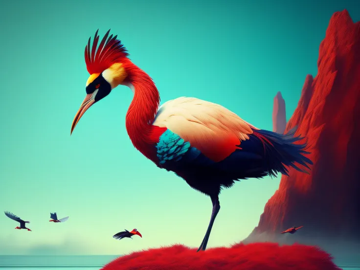 There is a one-legged red-crowned crane standing on a rock in the grass, (Cyan back feathers)，(Red belly feathers)，White mouth，a digital painting inspired by Mike Winkelmann, cgsociety contest winner, Fantasy art, fiery bird, birds f cgsociety, Beautiful d...