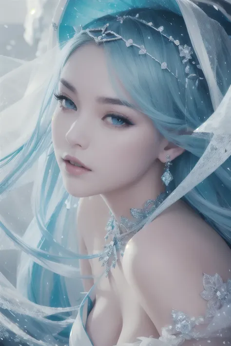 The Iceberg Queen is a tall figure、Beautiful looking women。She had ice blue hair，Its like winter ice，Exudes a mysterious and cold aura。Her hair is soft and smooth，As clear as ice and snow，Each one exudes a faint blue glow。Highly detailed face，Realistic and...