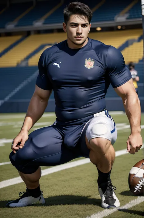 Football venues，sweat leggs，Photos during exercise，Football player costume，，Masculine，Exquisite facial features，virile，musculature，rich facial detail（The crotch is raised）full bodyesbian