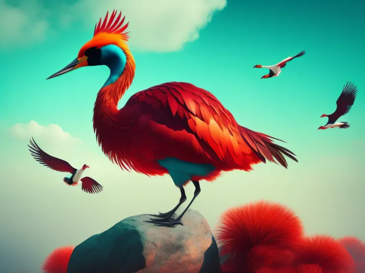 There is a one-legged red-crowned crane standing on a rock in the grass, (Cyan back feathers)，(Red belly feathers)，White mouth，a digital painting inspired by Mike Winkelmann, cgsociety contest winner, Fantasy art, fiery bird, birds f cgsociety, Beautiful d...