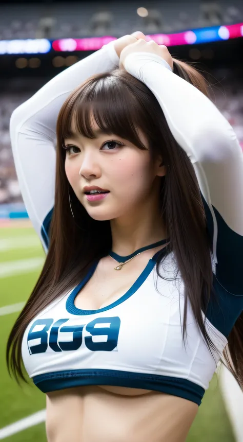 Cheerleader cheering on athletes at sporting events、Longhaire、(​masterpiece、top-quality) 、Longhaire、absolutely outstanding image, very extremely beautiful、​masterpiece, top-quality,a picture, kawaii、(Colossal tits:1.2)、((20 year old woman:1.2))、Young adora...