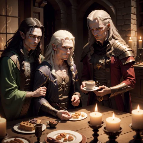 fantasy style, Melkor, Raistlin Majere, Loki, tavern, English Tea Party, candle lights, Realistic textures, twilight