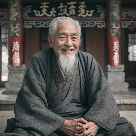 a gray-haired old man, dressed in gray ancient chinese clothing, smiling, 80 years old,middle of the lens,little white beard,anc...