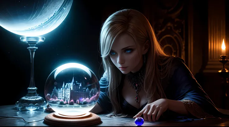 Moonlight, The evil witch casts magic on the crystal ball in front of her, (There is a castle in the crystal ball), The witchs eyes are blue, Electroluminescence, dreamy glow, Anatomically correct, (Photorealistic,Masterpiece,Best quality,hyper HD,Extremel...