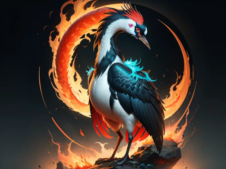 A high resolution，rich background，From Chinese mythology，Chinese mythical creatures，From the Classic of Mountains and Seas，A turtle(One-legged red-crowned crane)Surrounded by flames，The feathers on the back are cyan，The feathers on the abdomen are red，The ...