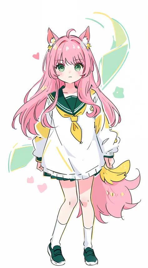 A pink-haired，dual horsetail，cat ear，junior school student，Than heart，teens girl，laughingly，Green eyes