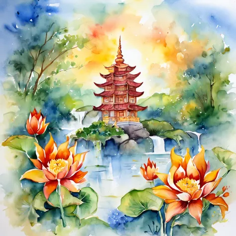 gautama buddha child in lotus, halo, vietnam pagoda, heaven, colorfull background, Highest image quality, ultra HD, Close-up, good smell, colorfull bird, fire, water, candle, painted in bright water colors,  Colorful illustrations, aquarelle((masterpiece))...