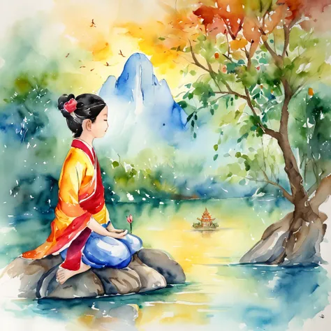 gautama buddha child in lotus, halo, vietnam pagoda, heaven, colorfull background, Highest image quality, ultra HD, Close-up, good smell, colorfull bird, fire, water, candle, painted in bright water colors,  Colorful illustrations, aquarelle((masterpiece))...