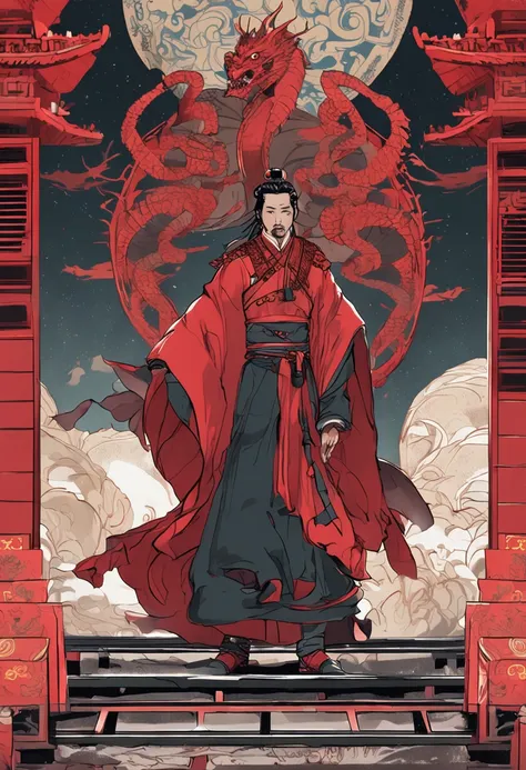 Very good，I like the first one，Hopefully based on the first fine art style，and the original image content，Just change the character a bit，Emperor of China, Wearing traditional Chinese clothing，A man in a dragon-patterned red robe, Stand on the deck of the ...