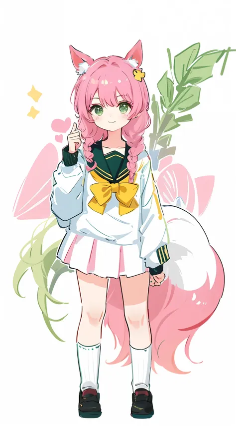 a pink-haired，dual horsetail，cat ear，junior school student，than heart，teens girl，laughingly，green eyes