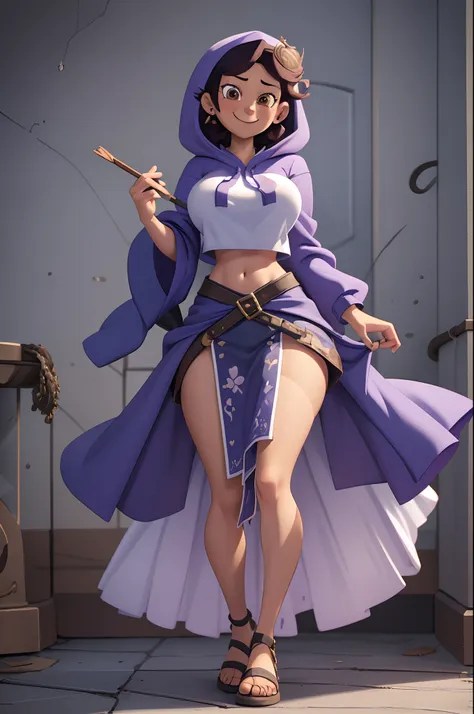 1girl, masterpiece, (detailed background), best quality, absurdres, looking at viewer, smiling, dakimakura,, purple hoody, midriff, white background, white loafers, thighs, kneesocks, luz noceda,, long dress, long skirt,huge breast, full body, flipflops, p...