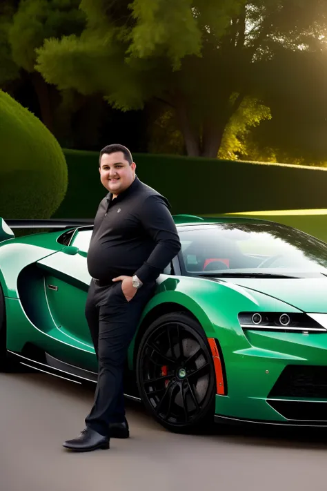 A gorgeous chubby young man stands in front of a luxury green sports car in front of a building, autor：Bernard DeAndrea, The is very detailed, Andrew Tate conduz a Bugatti, autor：Stephen Dressett, Estilo Etienne-Louis Bulli, autor：Juliano Alves, autor：Simo...