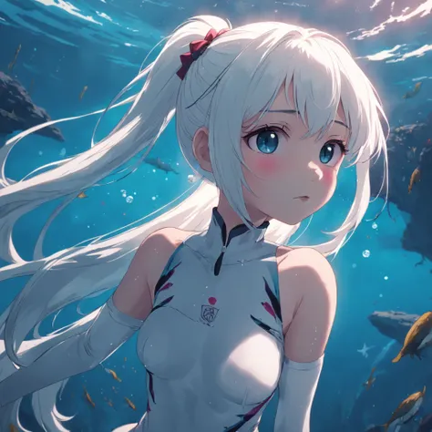 A girl with white hair in a high ponytail floats on the bottom of the sea。