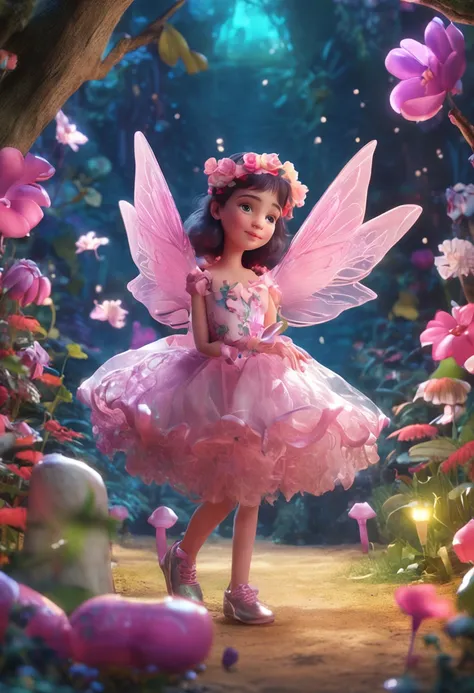 ln the forest，night moon，Mini cute 3 year old flower fairy, Chubby toot，Skirt made of petals，fresh flowers，Colorful colorful，Transparent colorful wings, Magic wand，closeup cleavage，Light attenuation，Glow effects，depth of fields，high light，Real light，Ray tr...