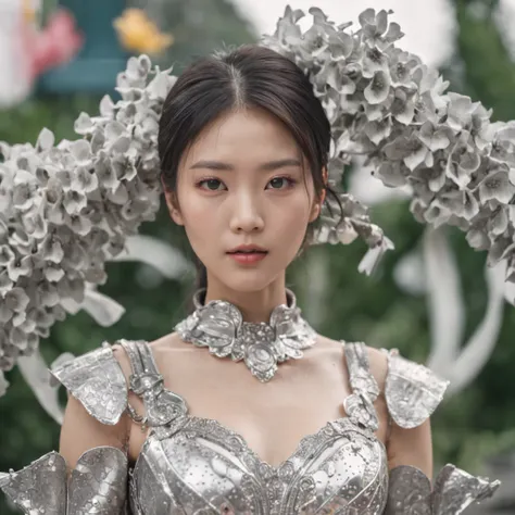 hyper realisitc，Bust scene，Fine art film style，Wear a futuristic silver metal outfit，Very beautiful Korean female idol，A Hong Kong-style amusement park in the 1990s，Many exploding flowers and streamers，SMA Pentax 75mm F2.8AL，Super realistic，The light is no...