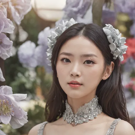 hyper realisitc，Bust scene，Fine art film style，Wear a futuristic silver metal outfit，Very beautiful Korean female idol，A Hong Kong-style amusement park in the 1990s，Many exploding flowers and streamers，SMA Pentax 75mm F2.8AL，Super realistic，The light is no...