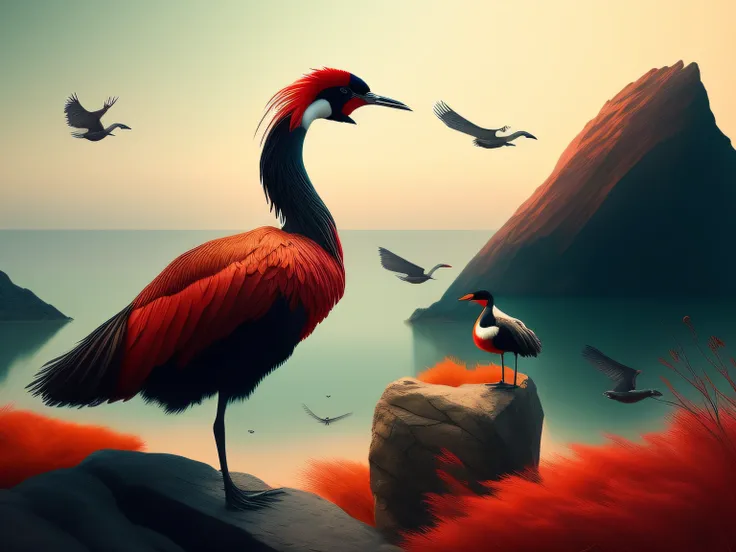 There is a one-legged red-crowned crane standing on a rock in the grass, a digital painting inspired by Mike Winkelmann, cgsociety contest winner, Fantasy art, fiery bird, birds f cgsociety, Beautiful digital artwork, surrealistic bird, Fantasy art Behance...