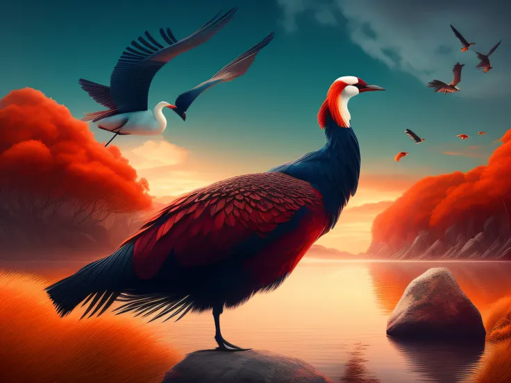 There is a one-legged red-crowned crane standing on a rock in the grass, a digital painting inspired by Mike Winkelmann, cgsociety contest winner, Fantasy art, fiery bird, birds f cgsociety, Beautiful digital artwork, surrealistic bird, Fantasy art Behance...