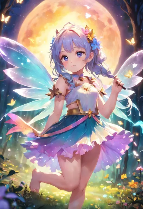 ln the forest，night moon，Mini cute 3 year old flower fairy, Chubby toot，Skirt made of petals，fresh flowers，Colorful colorful，Transparent colorful wings, Magic wand，closeup cleavage，Light attenuation，Glow effects，depth of fields，high light，Real light，Ray tr...