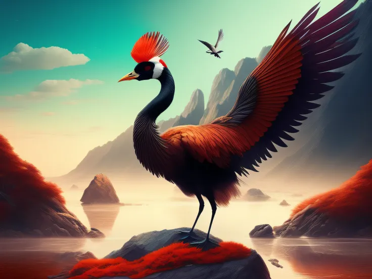 There is a one-legged red-crowned crane standing on a rock in the grass, a digital painting inspired by Mike Winkelmann, cgsociety contest winner, Fantasy art, fiery bird, birds f cgsociety, Beautiful digital artwork, surrealistic bird, Fantasy art Behance...