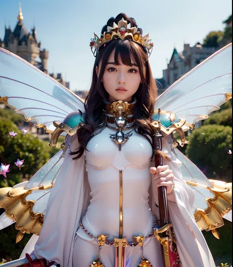 (masutepiece), Professional , ​masterpiece、top-quality、photos realistic , depth of fields （Gemstone Silver Metal Body:1.９),(Matte White、Jewel Gold Weapon、（Gorgeous castle background）、（ultimate beauty girl）、（Iridescent fairy wings grow on her）、（Metal:1.９),G...