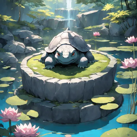 Best quality, masterpiece, anime style,A gray granite statue in the shape of a turtle，granite，turtle，Below is the pond,lotus，lotus leaf，Statues make up 10% of the screen