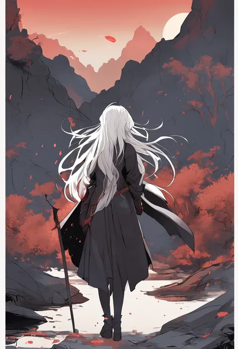 White-haired, high-ponytailed, sassy girl, back flowing black cloak，A mysterious atmosphere illuminated by the sunset