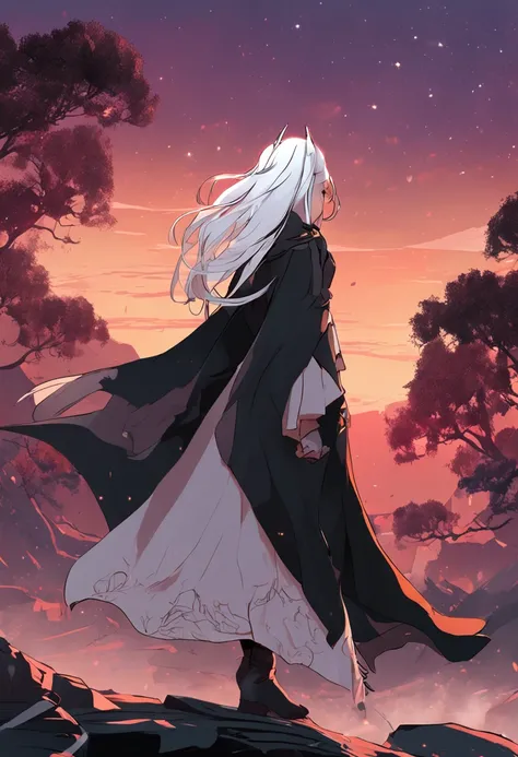 White-haired, high-ponytailed, sassy girl, back flowing black cloak，A mysterious atmosphere illuminated by the sunset