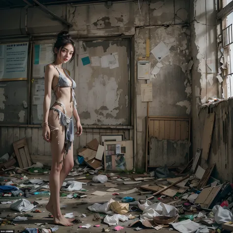 tmasterpiece，abandoned building，Garbage all over the ground，grimy，full-body portraits，Sexy standing pose，Slim legs，very beautiful long slim legs，The barefoot，Naked all over the body，full body exposed，exhibitionists，The body is exposed randomly