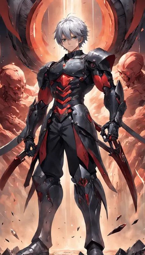 Silver-haired young man with black machine on five bodies, Huge barrel in right hand, Crimson sword in left hand, Booster on the back, Surrealism, UHD, masterpiece, anatomically correct, textured skin, award winning, best quality, highres