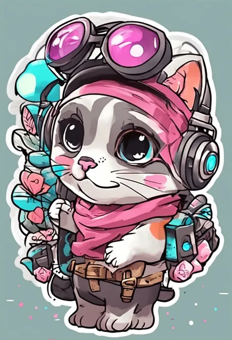 Cute stickers, Cat in pink headset, simple drawing, 3〜Sticker drawing for children 6 years old,