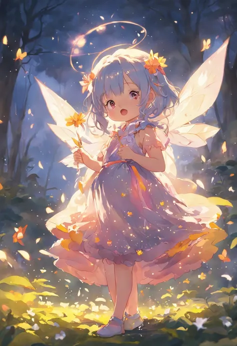 ln the forest，night moon，Mini cute 3 year old flower fairy, Chubby toot，Skirt made of petals，fresh flowers，Colorful colorful，Transparent colorful wings, Magic wand，closeup cleavage，Light attenuation，Glow effects，depth of fields，high light，Real light，Ray tr...