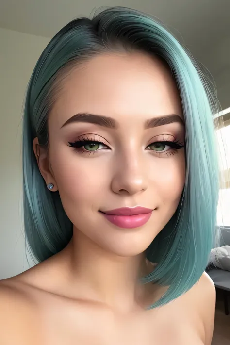 photorealistic,ultra realistic,glowing cyan hair,closed eyes,21 year old woman,sparkling starburst green eyes,red theme,eyeshadow,mascara,plush lips,pink lipstick,smile,straight white teeth,realistic skin texture,skin pores,shiny skin,selfie,red dress,phot...