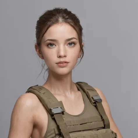 (photorealistic), beautiful lighting, best quality, realistic, full body portrait, real picture, intricate details, depth of field, 1girl, in a warm havana street, A very muscular solider girl with haircut, wearing white top tank, military fatigues, camo p...