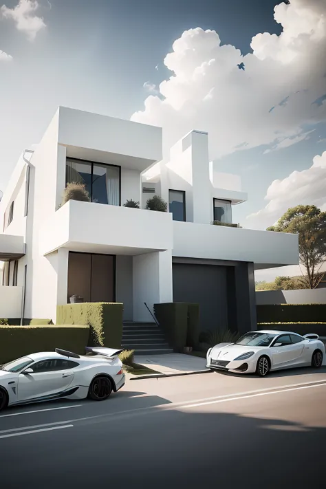 a modern house white in colour mansion style with a sports car parked by the side. ground should be grey in colour. clouds should be present. it should be in the day time.