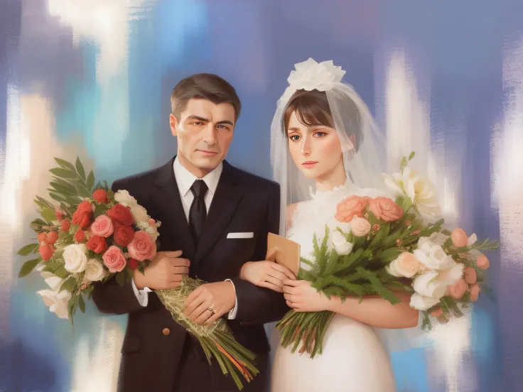 Photos of the bride and groom, Holding bouquets of flowers in his hands, There are 5 fingers on the hands, Holding the bouquet with your hands, A man and a woman stand next to each other, holding flowers, A man has good hands, correct arms, holding a bouqu...