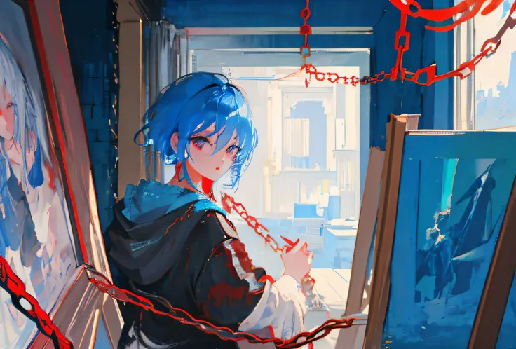 1 girl, upper body, light blue hair, red eyes, blood, chains, dim light, indoors, paintings, portraits