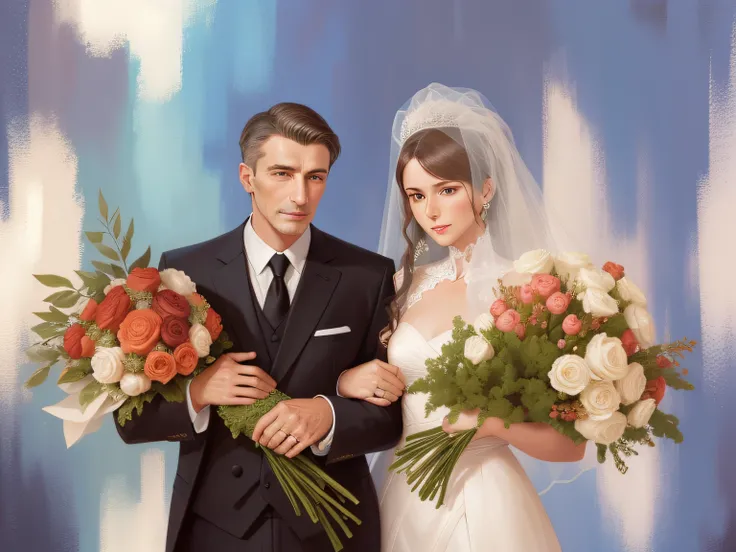 Photos of the bride and groom, Holding bouquets of flowers in his hands, There are 4 fingers on the hands, Holding the bouquet with your hands, A man and a woman stand next to each other, holding flowers, The man has good hands, correct arms, Holding a bou...