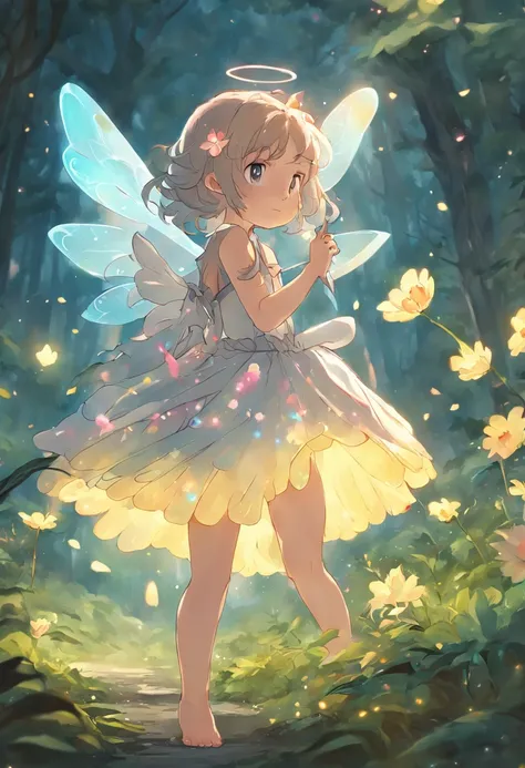 ln the forest，night moon，Mini cute 3 year old flower fairy, Chubby toot，Skirt made of petals，fresh flowers，Colorful colorful，Transparent colorful wings, Magic wand，closeup cleavage，Light attenuation，Glow effects，depth of fields，high light，Real light，Ray tr...