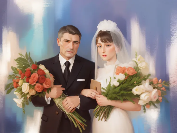 Photos of the bride and groom, Holding bouquets of flowers in his hands, There are 4 fingers on the hands, Holding the bouquet with your hands, A man and a woman stand next to each other, holding flowers, Man has good hands, correct arms, Holding a bouquet...