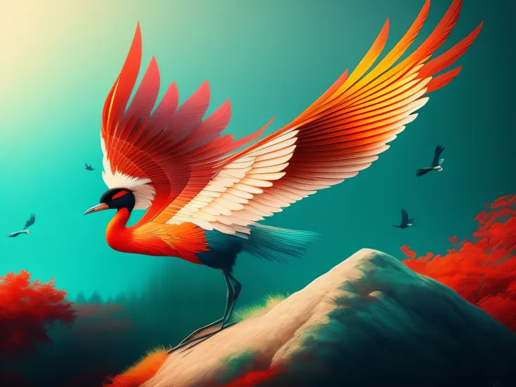 There is a one-legged red-crowned crane standing on a rock in the grass, Cyan back feathers，Red belly feathers，White mouth，a digital painting inspired by Mike Winkelmann, cgsociety contest winner, Fantasy art, fiery bird, birds f cgsociety, Beautiful digit...