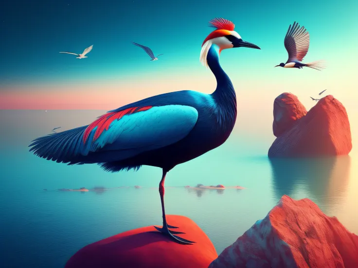 There is a one-legged red-crowned crane standing on a rock in the grass, Cyan back feathers，Red belly feathers，White mouth，a digital painting inspired by Mike Winkelmann, cgsociety contest winner, Fantasy art, fiery bird, birds f cgsociety, Beautiful digit...