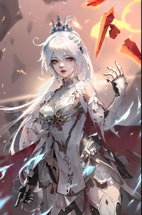 One with white hair，Woman with a crown on her head, Zerotwo, Ayaka Genshin impact, white-haired god, Armor Girl, female anime character, Anime goddess, Anime character art, advanced digital anime art, White and red armor, Kushatt Krenz Key Art Women, Femal...