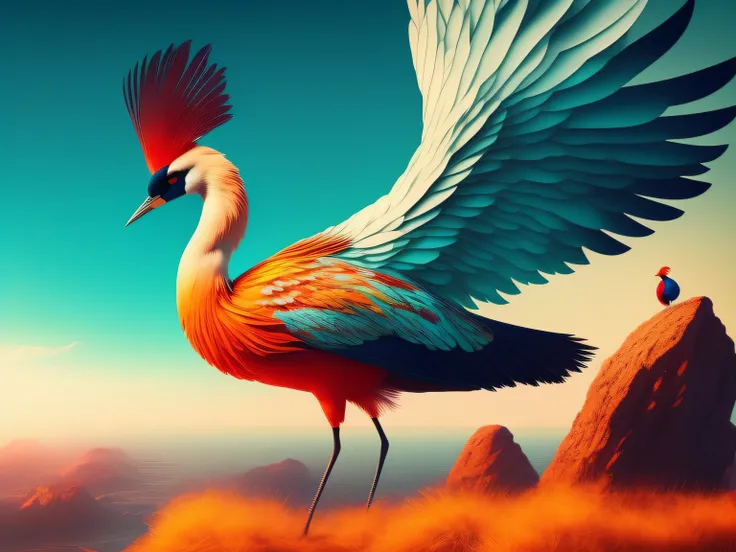 There is a one-legged red-crowned crane standing on a rock in the grass, Cyan back feathers，Red belly feathers，White mouth，a digital painting inspired by Mike Winkelmann, cgsociety contest winner, Fantasy art, fiery bird, birds f cgsociety, Beautiful digit...