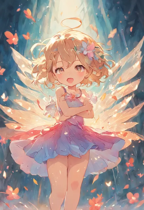 illustration，Fine lines，The lines are accurate，ln the forest，night moon，Mini cute 3 year old flower fairy, Chubby toot，Skirt made of petals，Huge flowers，Colorful colorful，Transparent colorful wings, Magic wand，closeup cleavage，Light attenuation，Glow effect...