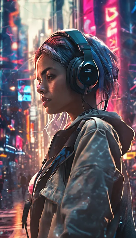 jane_noexist, 1girl, gamer, cyberpunk, headphones, total nude, japan, stars, complex background , street , graffiti volumetric, dramatic lighting, lens flare, photorealistic, masterpiece, best quality